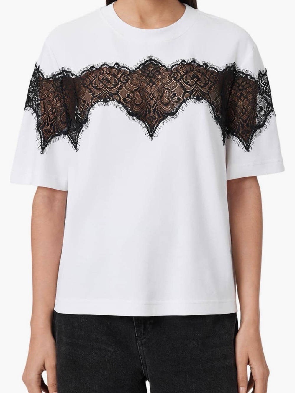 NWT AllSaints White Tee with Black Lace Panel- Size L
